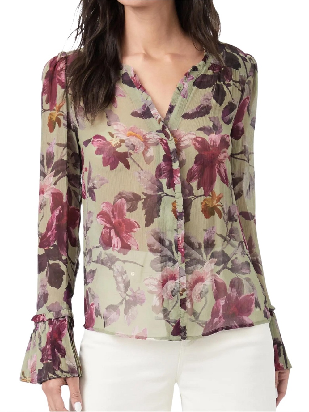 Women’s PAIGE Palma Floral Print Pleated Cuff Silk Button-Up Blouse - Size M
